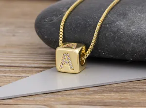 Cubic Zirconia Letter A Pendant Necklace Detail, Gold Plated Square Initial Jewelry