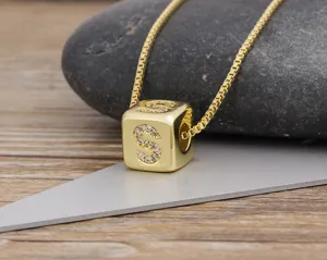 Gold-plated cubic letter S pendant necklace with sparkling zirconia for women daily wear.