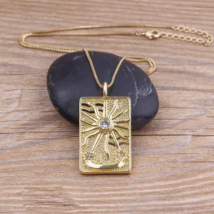 Gold Tarot Card Pendant Necklace with Sparkling Crystal Stone Retro Hip-Hop Fashion Jewelry