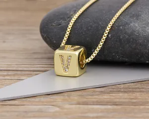 Exquisite gold-plated cubic letter V pendant necklace sparkling zirconiaia for women.
