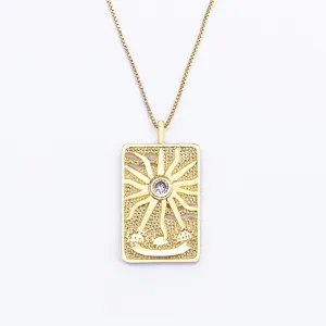 Gold Tarot Card Pendant Necklace with Diamond Square Choker Vintage Punk Hip Hop Jewelry