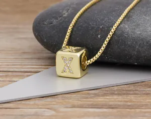 Gold plated cubic zirconia letter X pendant necklace for women dainty box chain jewelry