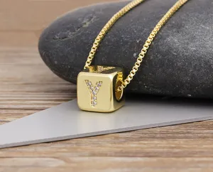 Gold-plated cube letter Y pendant necklace with sparkling cubic zirconia, stylish jewelry.