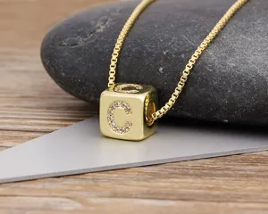 Gold plated cubic zirconia letter C cube pendant necklace for women fashion jewelry 1pc