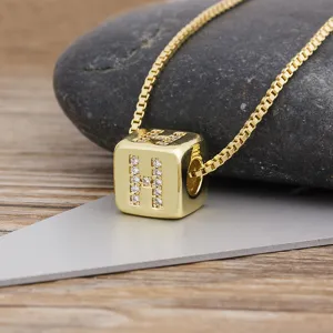 Gold-plated cubic letter H pendant necklace with sparkling zircon stones for women fashion.