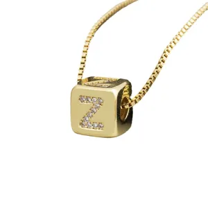 Gold Plated Z Letter Cube Pendant Necklace with Zirconia Stones for Women Fashion Jewelry