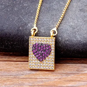Collier pendentif cadenas plaqué or avec des zircons colorés en forme de cœur pour femmes