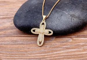 Gold Plated Pavé Cubic Zirconia Cross Pendant Necklace for Women Fashion Jewelry