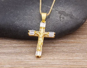 Gold plated cross pendant necklace sparkling white cubic zirconia baguette box chain jewelry