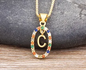 Gold letter C necklace with colorful cubic zirconia oval pendant for women daily wear