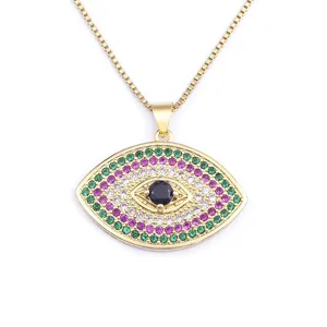 Vintage gold evil eye pendant necklace with colorful micro pave zircon stones for women.