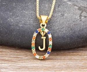Detailed close-up shot of the gold-plated colorful cubic zirconia letter J pendant necklace.