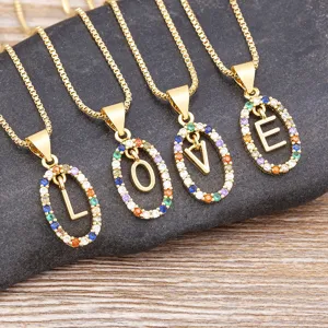 Gold color box chain necklaces set with oval multi-color zircon letter pendants LOVE fashion.