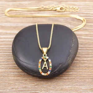 Gold-plated letter A necklace with colorful cubic zirconia stones, elegant clavicle chain for women.