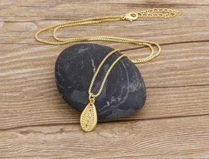 Gold-plated teardrop shell pendant necklace with colorful micro-inlaid zirconia stones for women