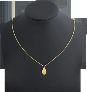 Gold color necklace with teardrop pendant and colorful zircon stones detail view for women.