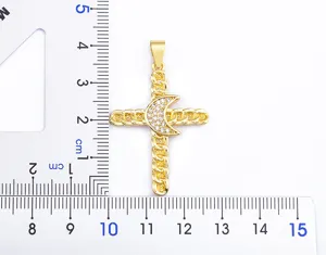 Exquisite Gold Cross Pendant with Zirconia Crescent Moon 18K Plated Necklace Charm