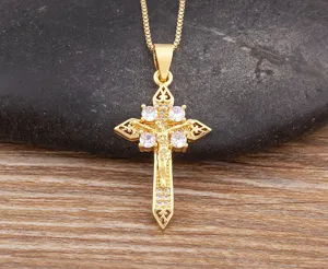 18K gold plated copper cross necklace with sparkling cubic zirconia pendant for women fashion.