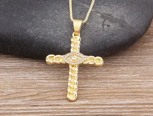 Gold plated cross necklace with sparkling cubic zirconia evil eye pendant for women daily wear
