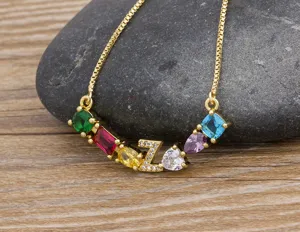 Gold-plated colorful zircon letter Z necklace pendant, showcasing exquisite jewelry details.