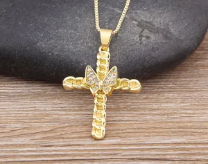 Gold cross butterfly pendant necklace with sparkly zircon, dainty 18k gold plated clavicle chain.