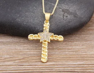 Gold plated cross pendant necklace with sparkling cubic zirconia star design for women