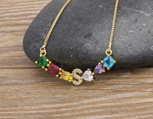 Gold Plated Multi-Color Cubic Zirconia Letter S Pendant Necklace Box Chain Fashion Jewelry