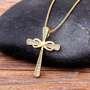 18K Gold Plated Copper Cross Pendant Necklace For Women Zirconia Inlaid Infinity Religious Religious Medal Box Chain Necklace Jewelry