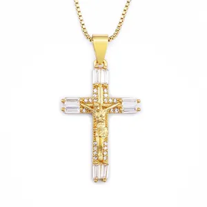 Gold Crucifix Cross Pendant Necklace 18K Plated Cubic Zirconia Sparkling Clavicle Chain