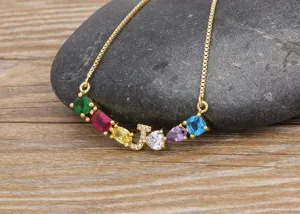 Gold plated colorful cubic zirconia letter J pendant necklace, delicate multi-color clavicle chain.