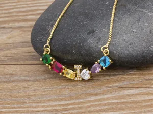 Gold-plated colorful zircon letter I necklace pendant, elegant clavicle chain for women.