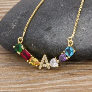 Euro-American Gold Plated Copper Rhinestone English Alphabet Pendant Necklace Luxury Multi-Color Gemstone Clavicle Chain For Unisex Party Jewelry Gift