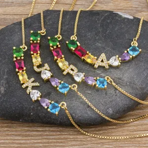 Gold plated letter necklace with colorful cubic zirconia stones adjustable chain for women.