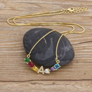 Gold plated colorful cubic zirconia initial letter A pendant clavicle chain necklace for women