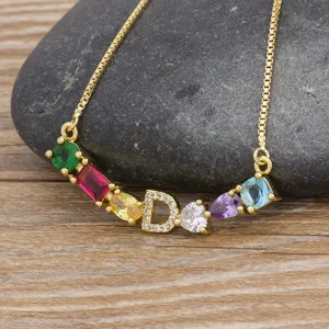 Gold plated initial letter D necklace with colorful zirconia gemstone charms for women.