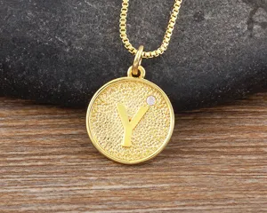 Gold letter Y pendant necklace rhinestone round coin chain jewelry for women detail view