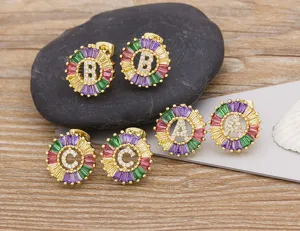 European style 18k gold plated colorful crystal zircon alphabet letter stud earrings set.
