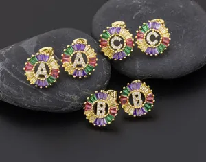 Gold plated colorful crystal zircon letter stud earrings A B C initial jewelry for women