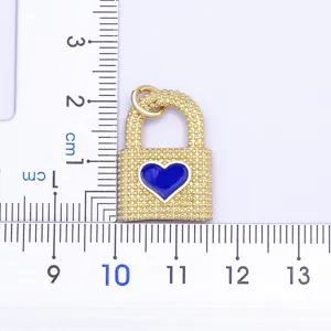 Pendentif cadenas cœur en laiton plaqué or 18k avec émail bleu pour collier bijoux fabrication