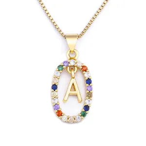 Gold-plated colorful zircon letter A pendant necklace fashion clavicle chain jewelry.