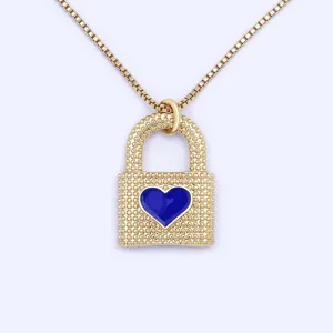 Collier cadenas cœur plaqué or 18k, pendentif émail bleu rétro chaîne de clavicule bijoux mode