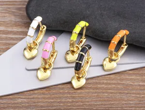 European and American style colorful enamel copper 18k gold plated hoop earrings with heart charms.