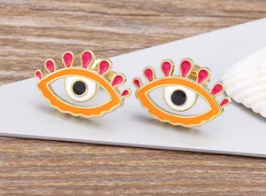 Chic 18k gold plated evil eye enamel earrings, stylish colorful drop oil geometric jewelry studs.