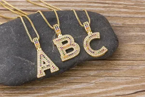 Gold-plated colorful cubic zirconia alphabet letter pendant necklace hip hop fashion jewelry