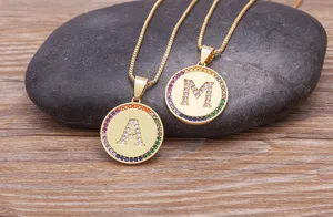 Gold plated copper micro paved cubic zirconia letter A M pendant necklace rainbow clavicle chain