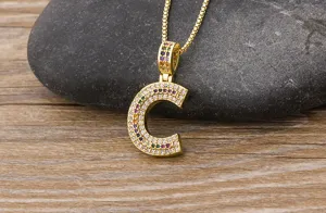 Gold plated colorful zirconia letter C pendant necklace hip hop fashion jewelry charm.