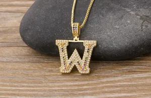 Gold color full zircon letter W pendant hip hop fashion necklace for unisex jewelry wholesale