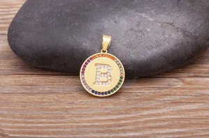 Gold Letter B Pendant Necklace Micro Pave Rainbow Zircon Round Charm Jewelry Gift