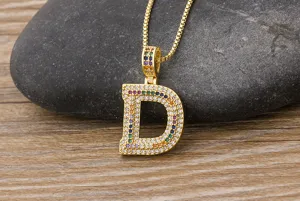 Gold letter D pendant necklace featuring colorful cubic zirconia for trendy hip-hop fashion style.