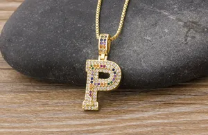 Gold Plated P Letter Pendant Necklace Colorful Zircon Hip Hop Unisex Fashion Jewelry